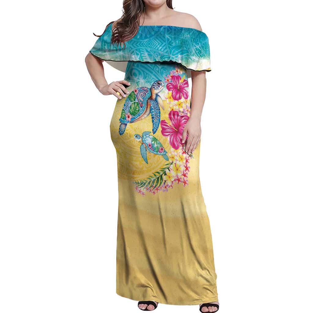 Hawaiian Tropical Plants Turtles Off Shoulder Maxi Dress Watercolor Style - Polynesian Pride