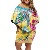 Hawaiian Tropical Plants Turtles Off Shoulder Short Dress Watercolor Style - Polynesian Pride