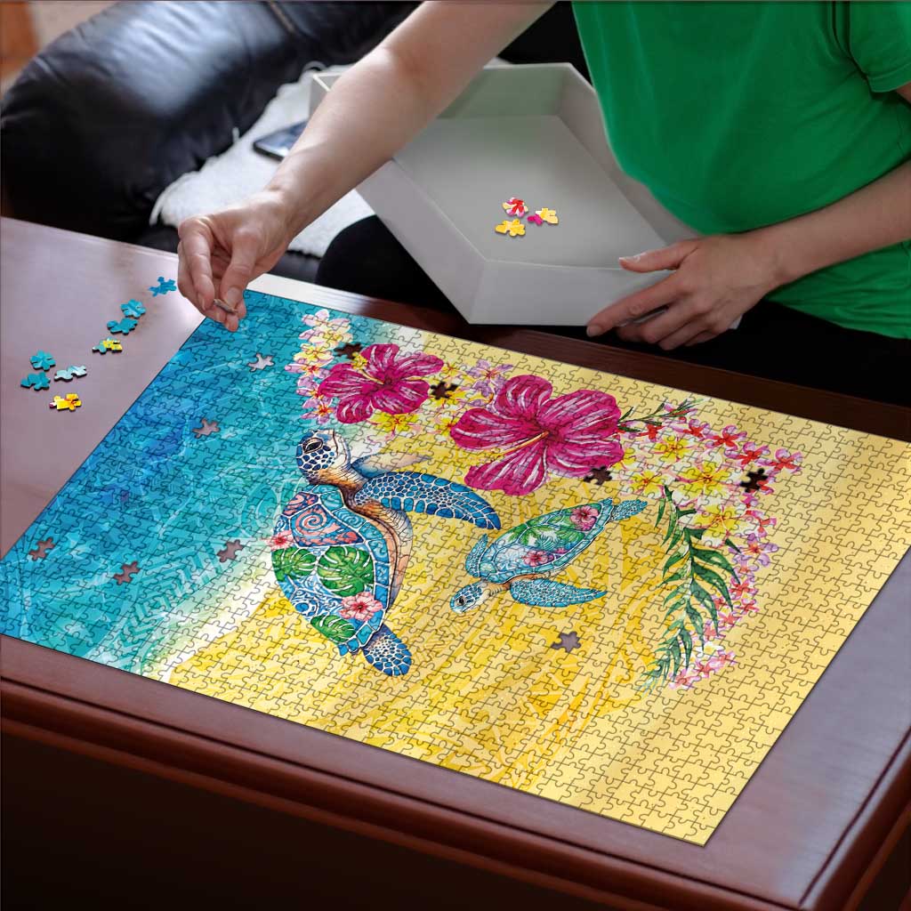 Hawaiian Tropical Plants Turtles Puzzle Watercolor Style - Polynesian Pride
