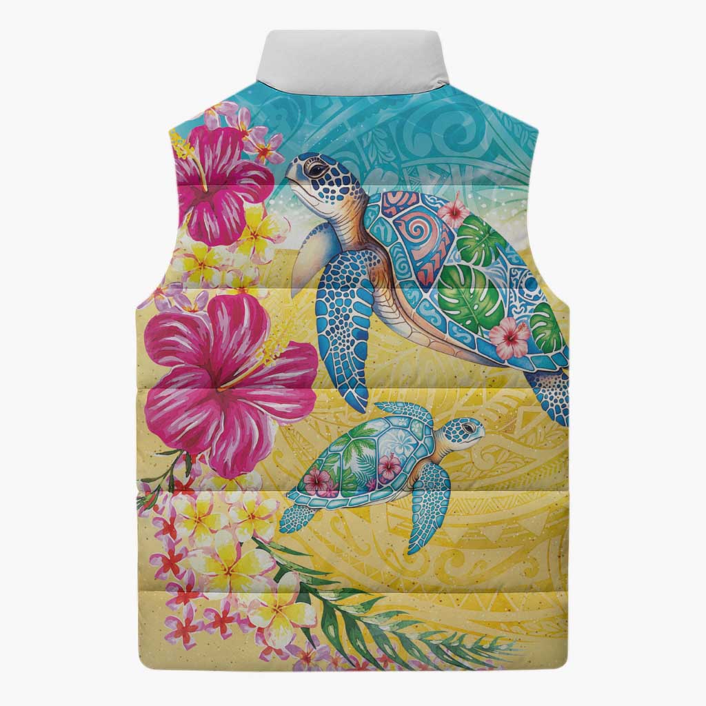 Hawaiian Tropical Plants Turtles Sleeveless Puffer Jacket Watercolor Style - Polynesian Pride