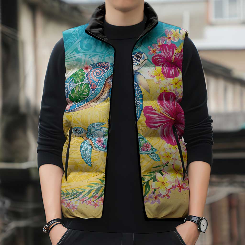 Hawaiian Tropical Plants Turtles Sleeveless Puffer Jacket Watercolor Style - Polynesian Pride