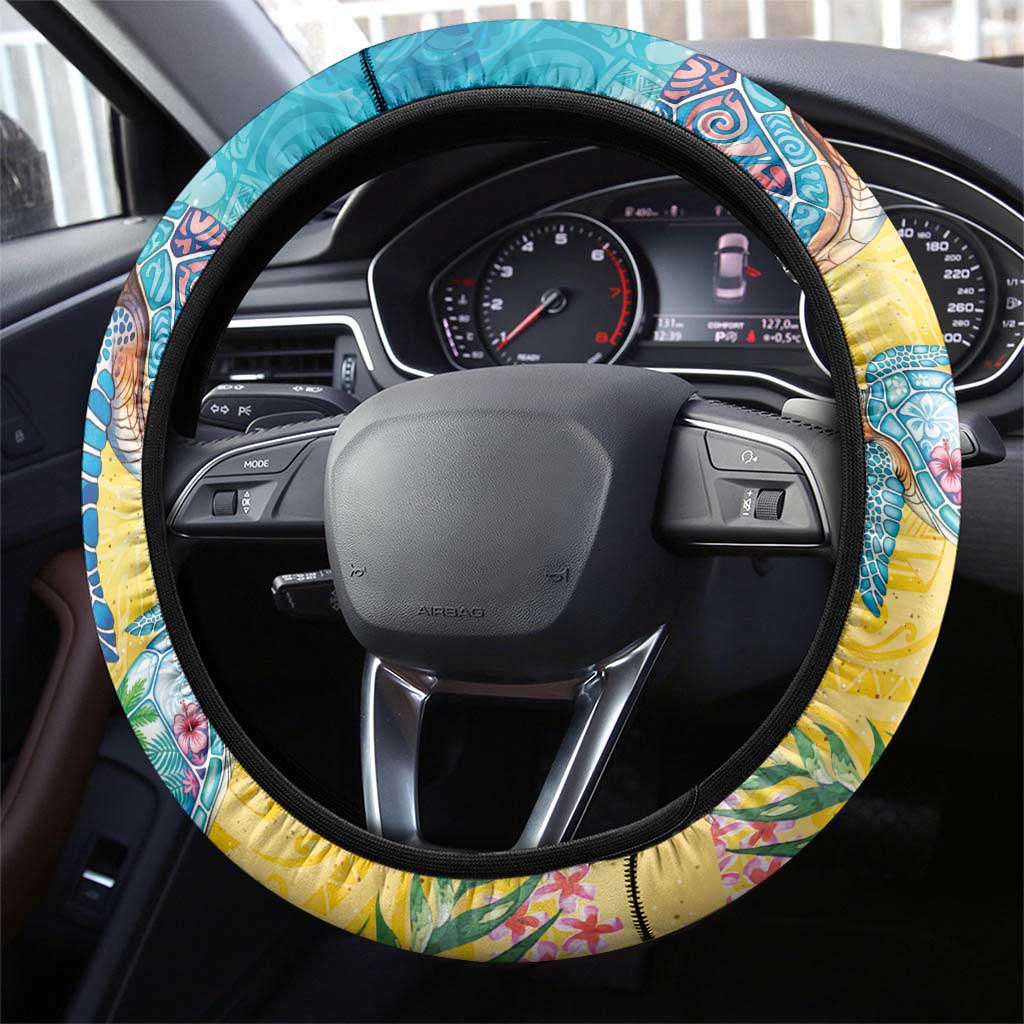 Hawaiian Tropical Plants Turtles Steering Wheel Cover Watercolor Style - Polynesian Pride