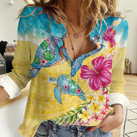 Hawaiian Tropical Plants Turtles Women Casual Shirt Watercolor Style - Polynesian Pride
