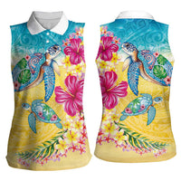 Hawaiian Tropical Plants Turtles Women Sleeveless Polo Shirt Watercolor Style - Polynesian Pride