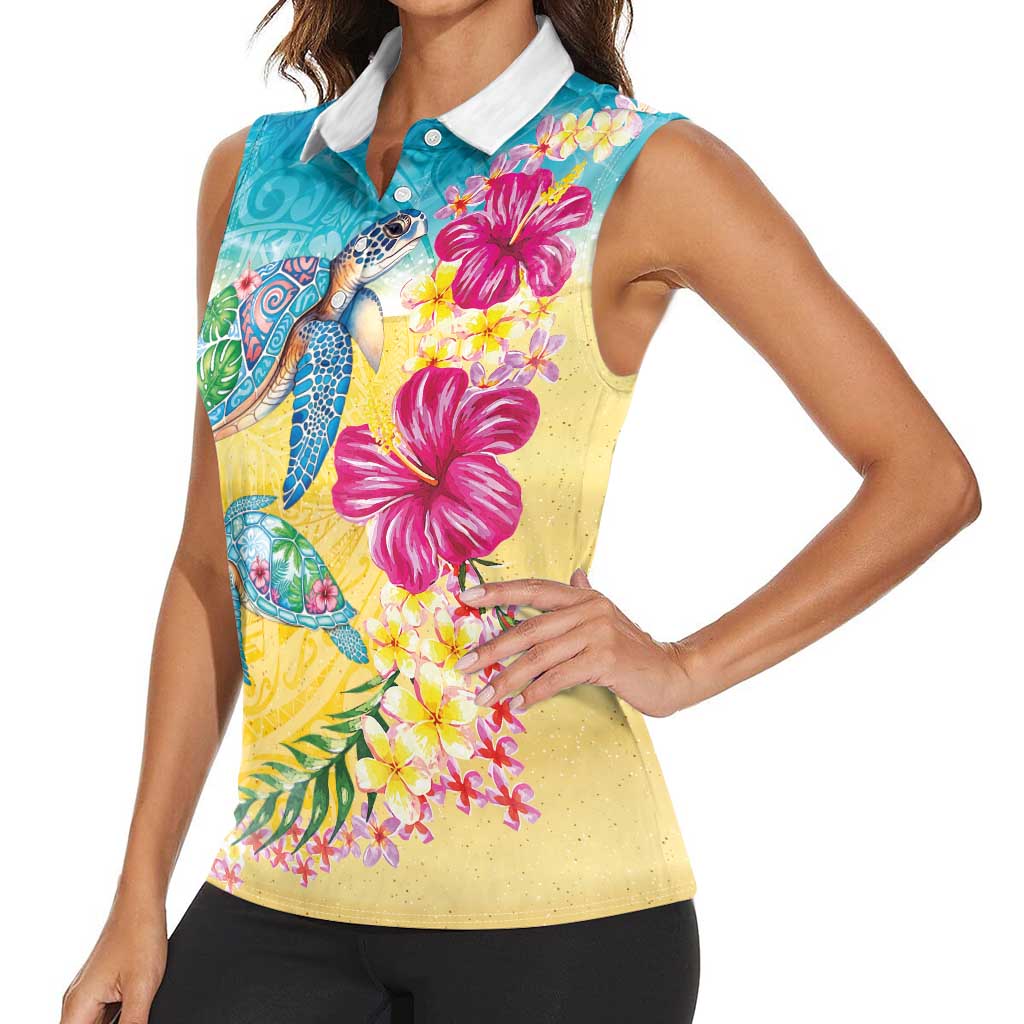 Hawaiian Tropical Plants Turtles Women Sleeveless Polo Shirt Watercolor Style - Polynesian Pride