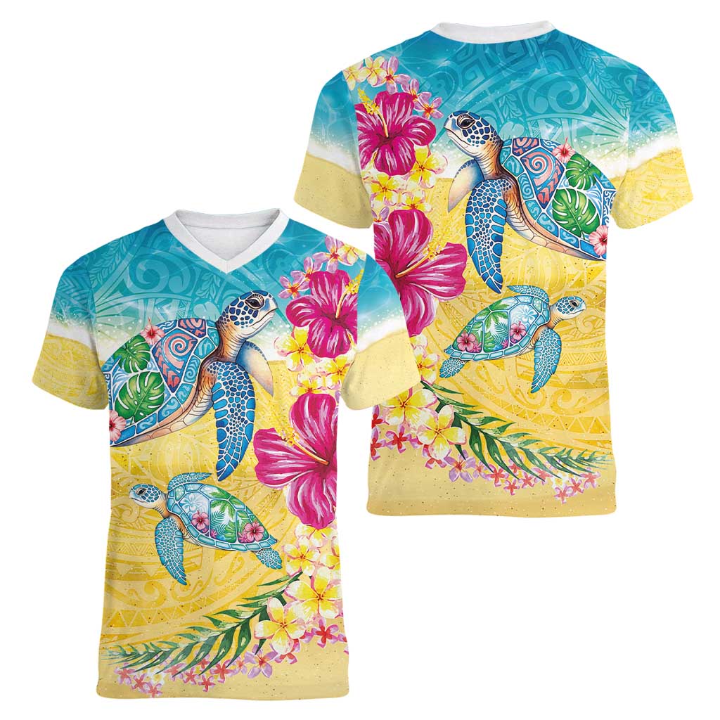 Hawaiian Tropical Plants Turtles Women V-Neck T-Shirt Watercolor Style - Polynesian Pride