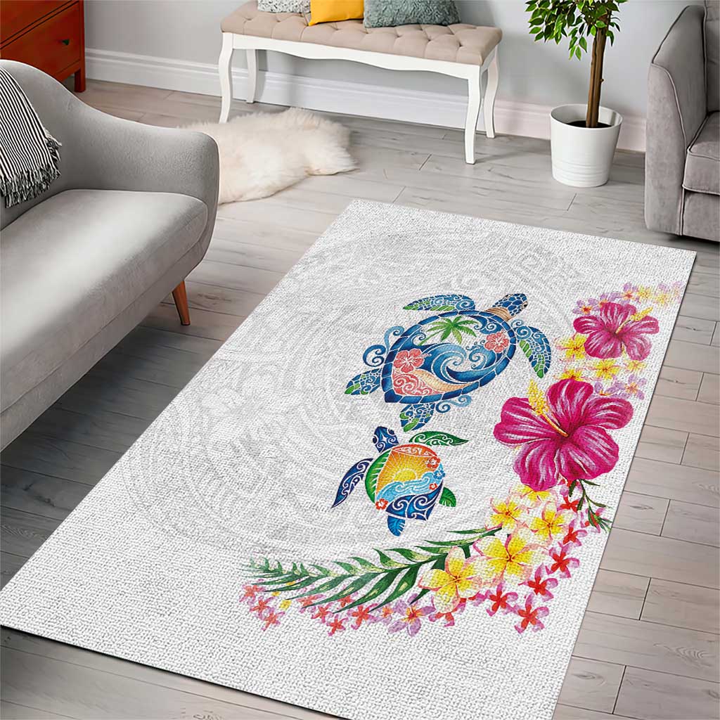 Hawaiian Abstract Art Turtles Area Rug with Plumeria and Hibiscus - Polynesian Pride