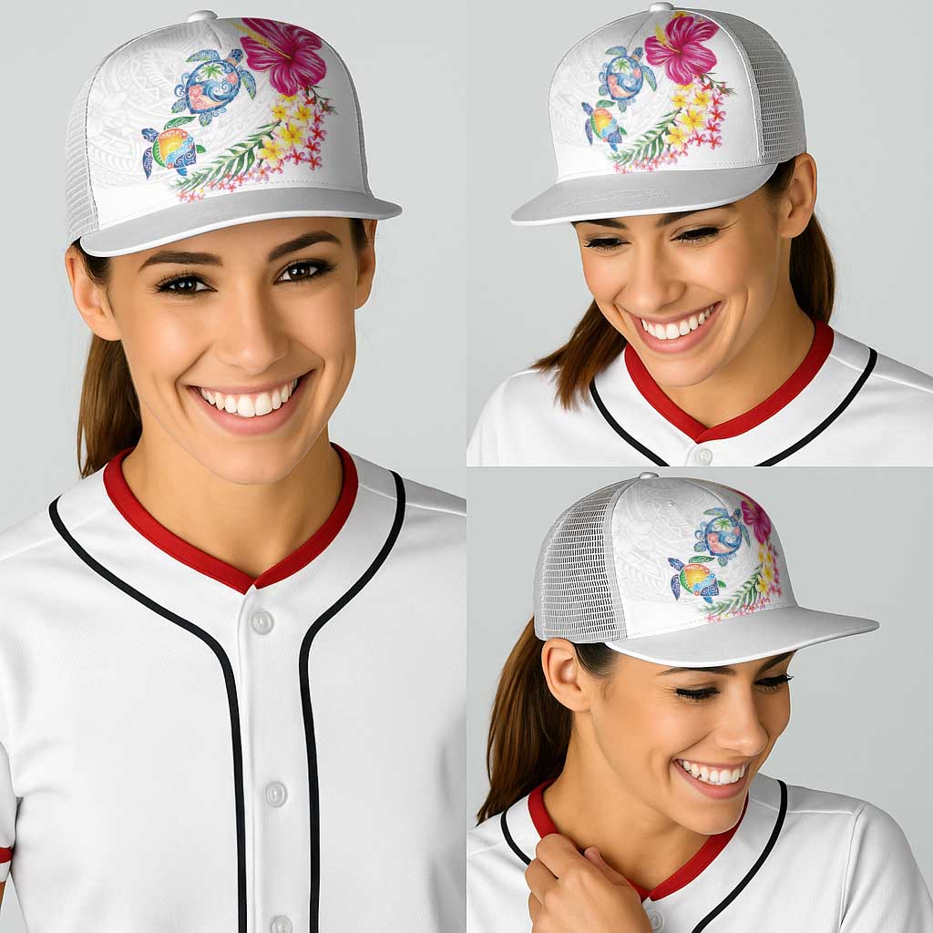 Hawaiian Abstract Art Turtles Baseball Net Cap with Plumeria and Hibiscus - Polynesian Pride
