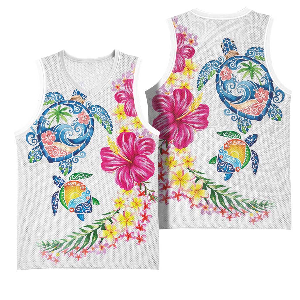 Hawaiian Abstract Art Turtles Basketball Jersey with Plumeria and Hibiscus - Polynesian Pride