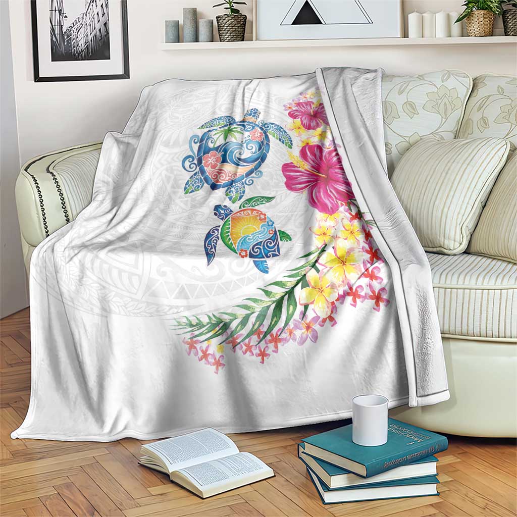 Hawaiian Abstract Art Turtles Blanket with Plumeria and Hibiscus LT03 White - Polynesian Pride