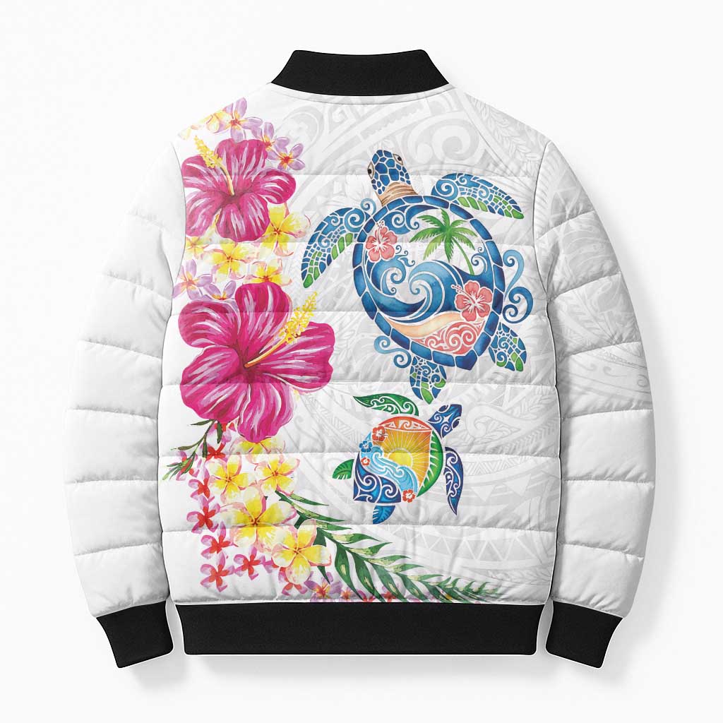Hawaiian Abstract Art Turtles Bomber Puffer Jacket with Plumeria and Hibiscus - Polynesian Pride