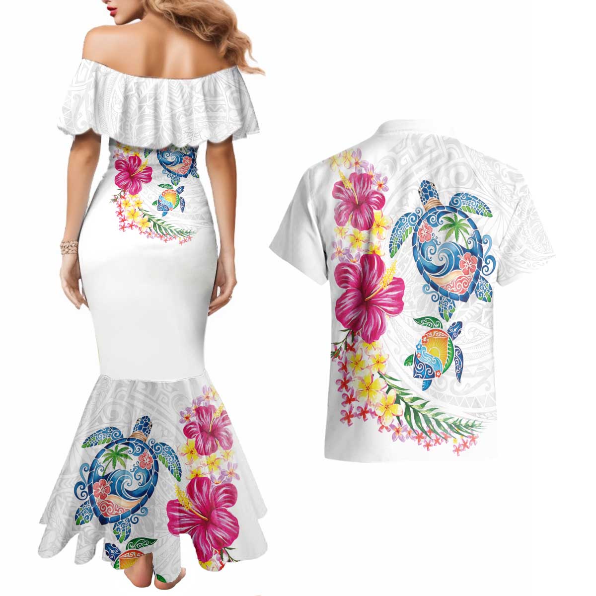 Hawaiian Abstract Art Turtles Couples Matching Mermaid Dress and Hawaiian Shirt with Plumeria and Hibiscus - Polynesian Pride