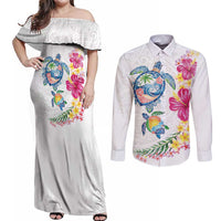 Hawaiian Abstract Art Turtles Couples Matching Off Shoulder Maxi Dress and Long Sleeve Button Shirt with Plumeria and Hibiscus - Polynesian Pride