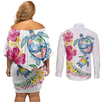 Hawaiian Abstract Art Turtles Couples Matching Off Shoulder Short Dress and Long Sleeve Button Shirt with Plumeria and Hibiscus - Polynesian Pride