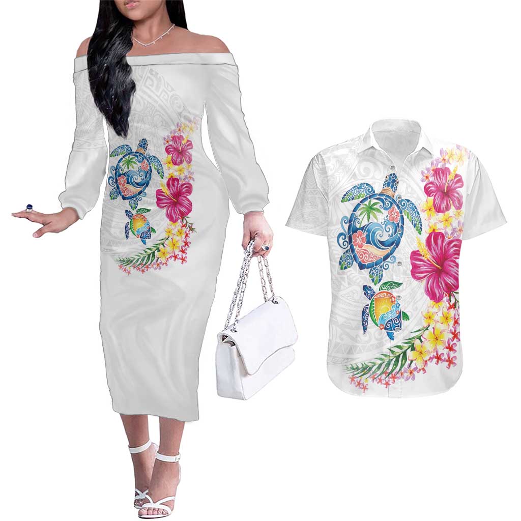Hawaiian Abstract Art Turtles Couples Matching Off The Shoulder Long Sleeve Dress and Hawaiian Shirt with Plumeria and Hibiscus - Polynesian Pride