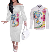 Hawaiian Abstract Art Turtles Couples Matching Off The Shoulder Long Sleeve Dress and Long Sleeve Button Shirt with Plumeria and Hibiscus - Polynesian Pride