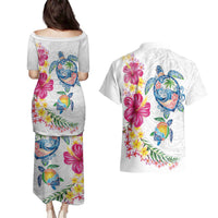 Hawaiian Abstract Art Turtles Couples Matching Puletasi and Hawaiian Shirt with Plumeria and Hibiscus - Polynesian Pride