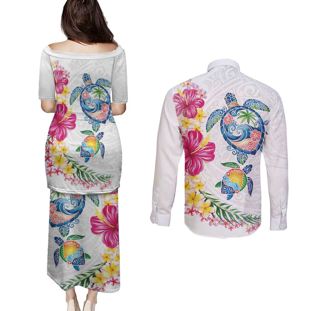 Hawaiian Abstract Art Turtles Couples Matching Puletasi and Long Sleeve Button Shirt with Plumeria and Hibiscus - Polynesian Pride