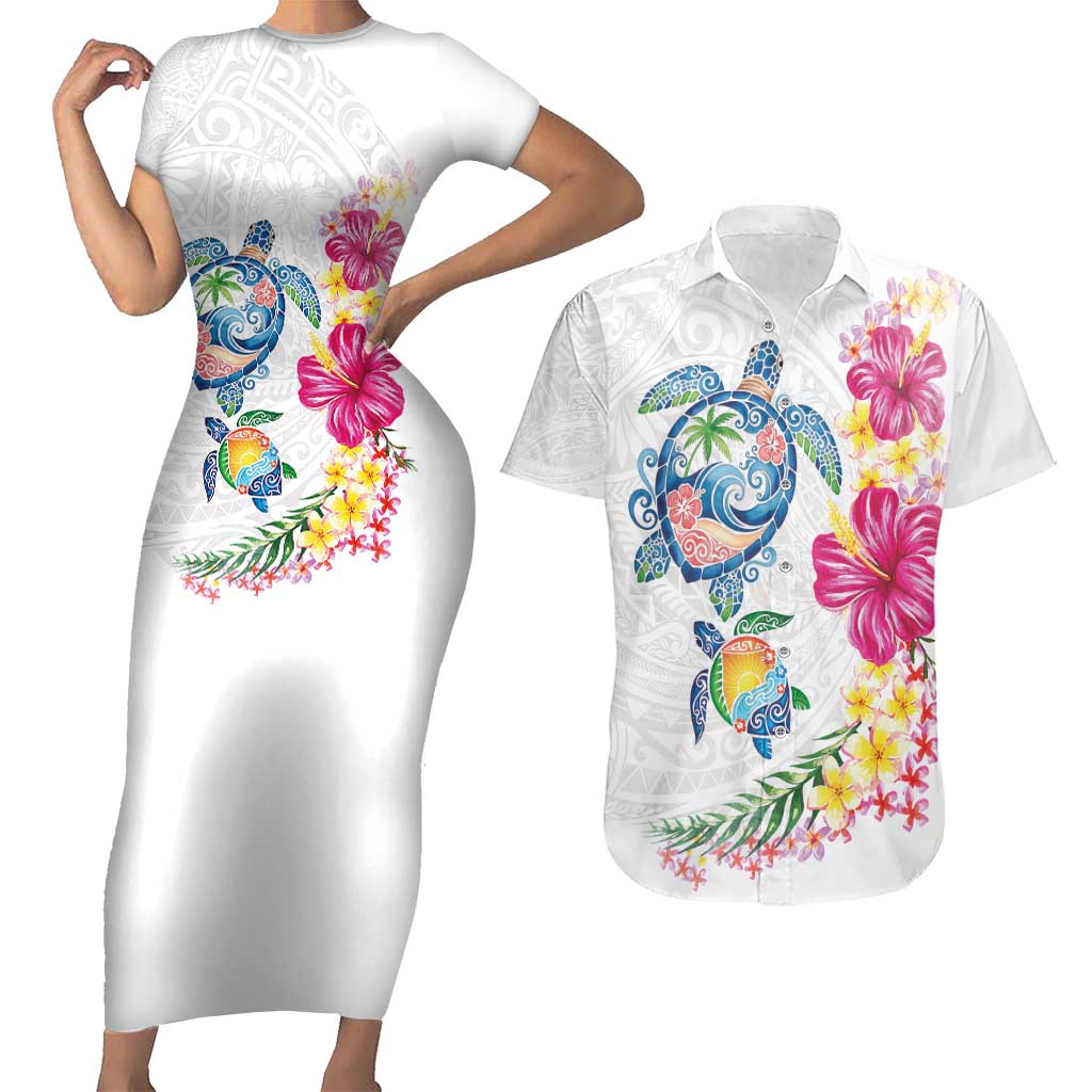 Hawaiian Abstract Art Turtles Couples Matching Short Sleeve Bodycon Dress and Hawaiian Shirt with Plumeria and Hibiscus - Polynesian Pride
