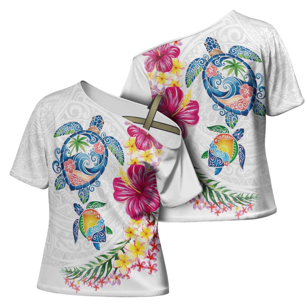 Hawaiian Abstract Art Turtles Cross Shoulder Shirt with Plumeria and Hibiscus - Polynesian Pride