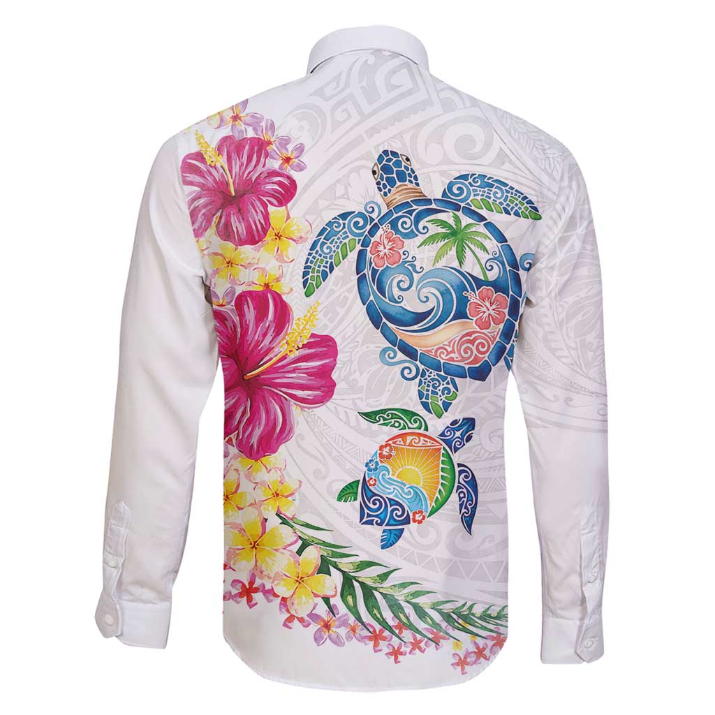 Hawaiian Abstract Art Turtles Family Matching Long Sleeve Bodycon Dress and Hawaiian Shirt with Plumeria and Hibiscus - Polynesian Pride