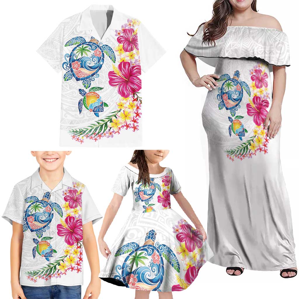 Hawaiian Abstract Art Turtles Family Matching Off Shoulder Maxi Dress and Hawaiian Shirt with Plumeria and Hibiscus - Polynesian Pride