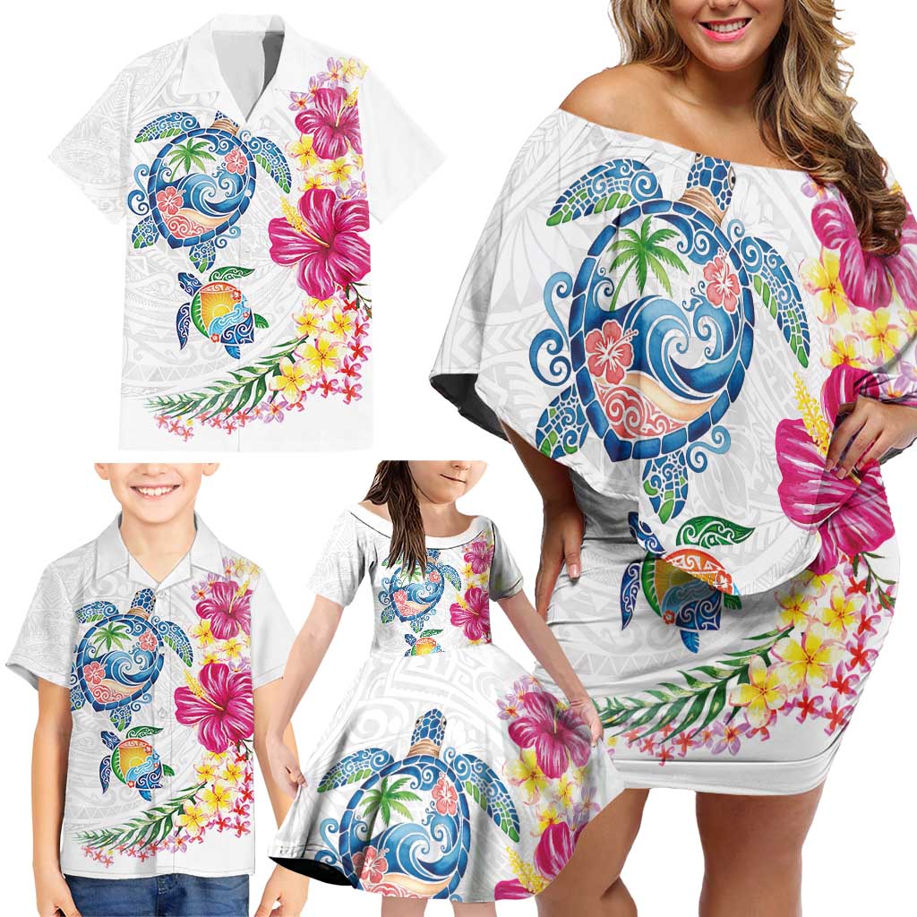 Hawaiian Abstract Art Turtles Family Matching Off Shoulder Short Dress and Hawaiian Shirt with Plumeria and Hibiscus - Polynesian Pride