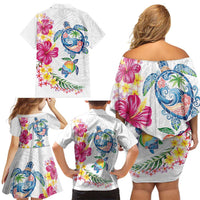 Hawaiian Abstract Art Turtles Family Matching Off Shoulder Short Dress and Hawaiian Shirt with Plumeria and Hibiscus - Polynesian Pride