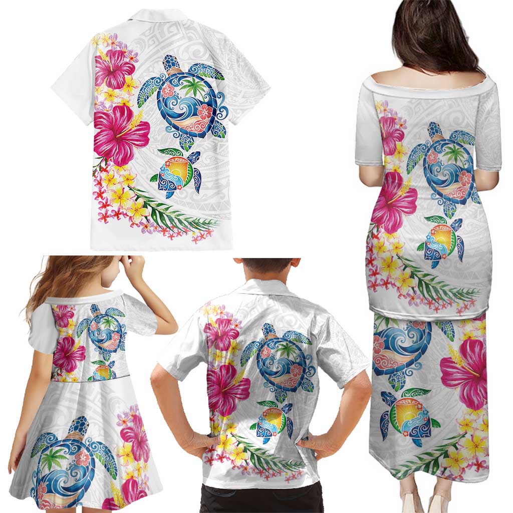 Hawaiian Abstract Art Turtles Family Matching Puletasi and Hawaiian Shirt with Plumeria and Hibiscus - Polynesian Pride