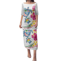 Hawaiian Abstract Art Turtles Family Matching Puletasi and Hawaiian Shirt with Plumeria and Hibiscus - Polynesian Pride