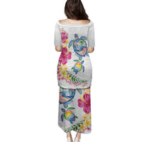 Hawaiian Abstract Art Turtles Family Matching Puletasi and Hawaiian Shirt with Plumeria and Hibiscus - Polynesian Pride