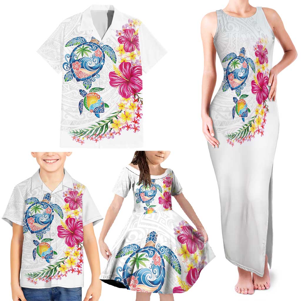 Hawaiian Abstract Art Turtles Family Matching Tank Maxi Dress and Hawaiian Shirt with Plumeria and Hibiscus - Polynesian Pride