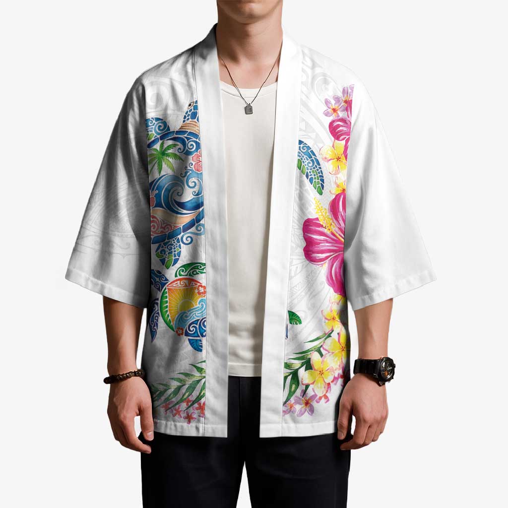 Hawaiian Abstract Art Turtles Kimono with Plumeria and Hibiscus - Polynesian Pride