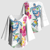Hawaiian Abstract Art Turtles Kimono Sleeve Blouse with Plumeria and Hibiscus - Polynesian Pride