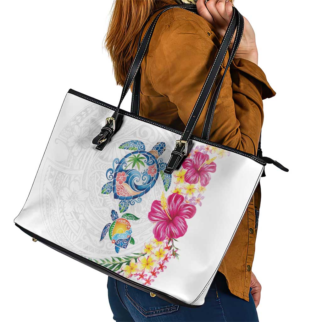 Hawaiian Abstract Art Turtles Leather Tote Bag with Plumeria and Hibiscus - Polynesian Pride