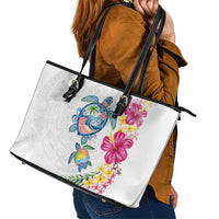 Hawaiian Abstract Art Turtles Leather Tote Bag with Plumeria and Hibiscus - Polynesian Pride