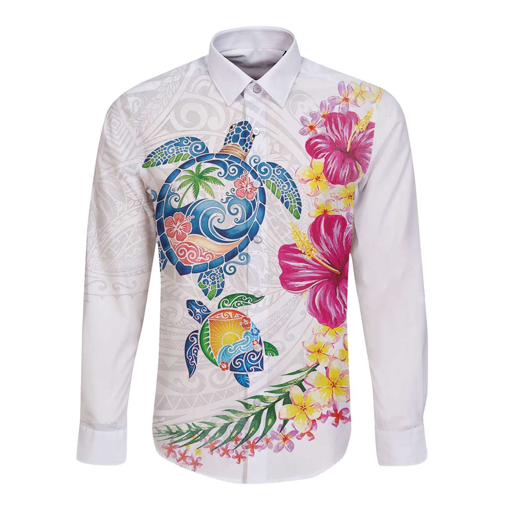 Hawaiian Abstract Art Turtles Long Sleeve Button Shirt with Plumeria and Hibiscus - Polynesian Pride