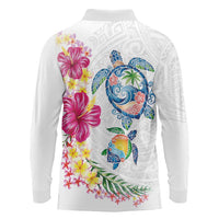 Hawaiian Abstract Art Turtles Long Sleeve Polo Shirt with Plumeria and Hibiscus - Polynesian Pride
