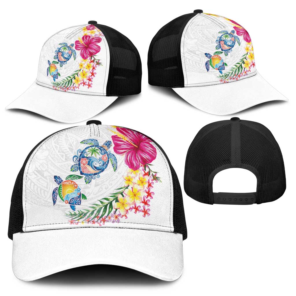 Hawaiian Abstract Art Turtles Mesh Trucker Cap with Plumeria and Hibiscus - Polynesian Pride