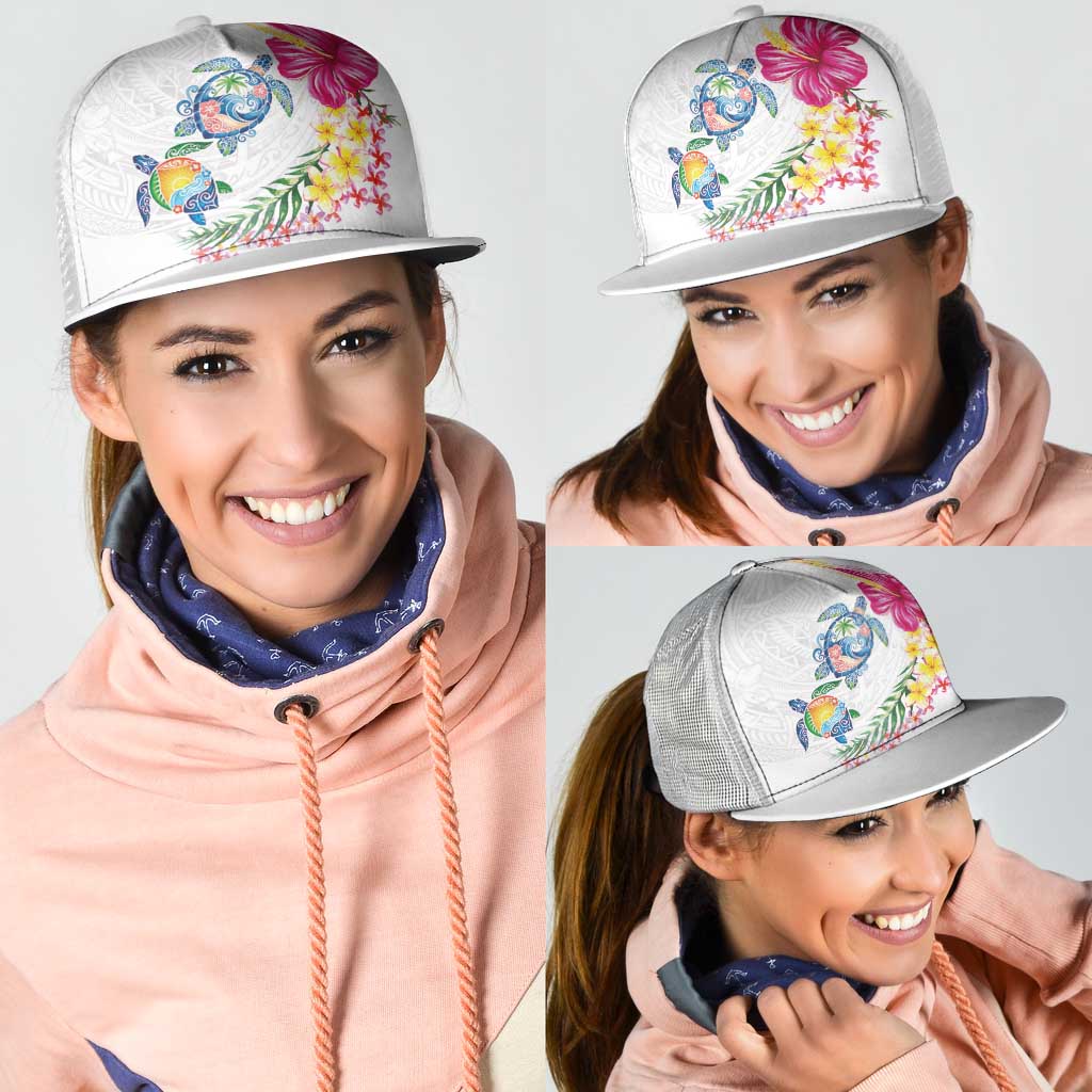 Hawaiian Abstract Art Turtles Mesh Trucker Cap with Plumeria and Hibiscus - Polynesian Pride