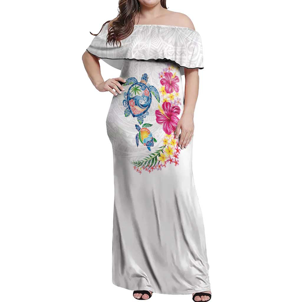 Hawaiian Abstract Art Turtles Off Shoulder Maxi Dress with Plumeria and Hibiscus - Polynesian Pride