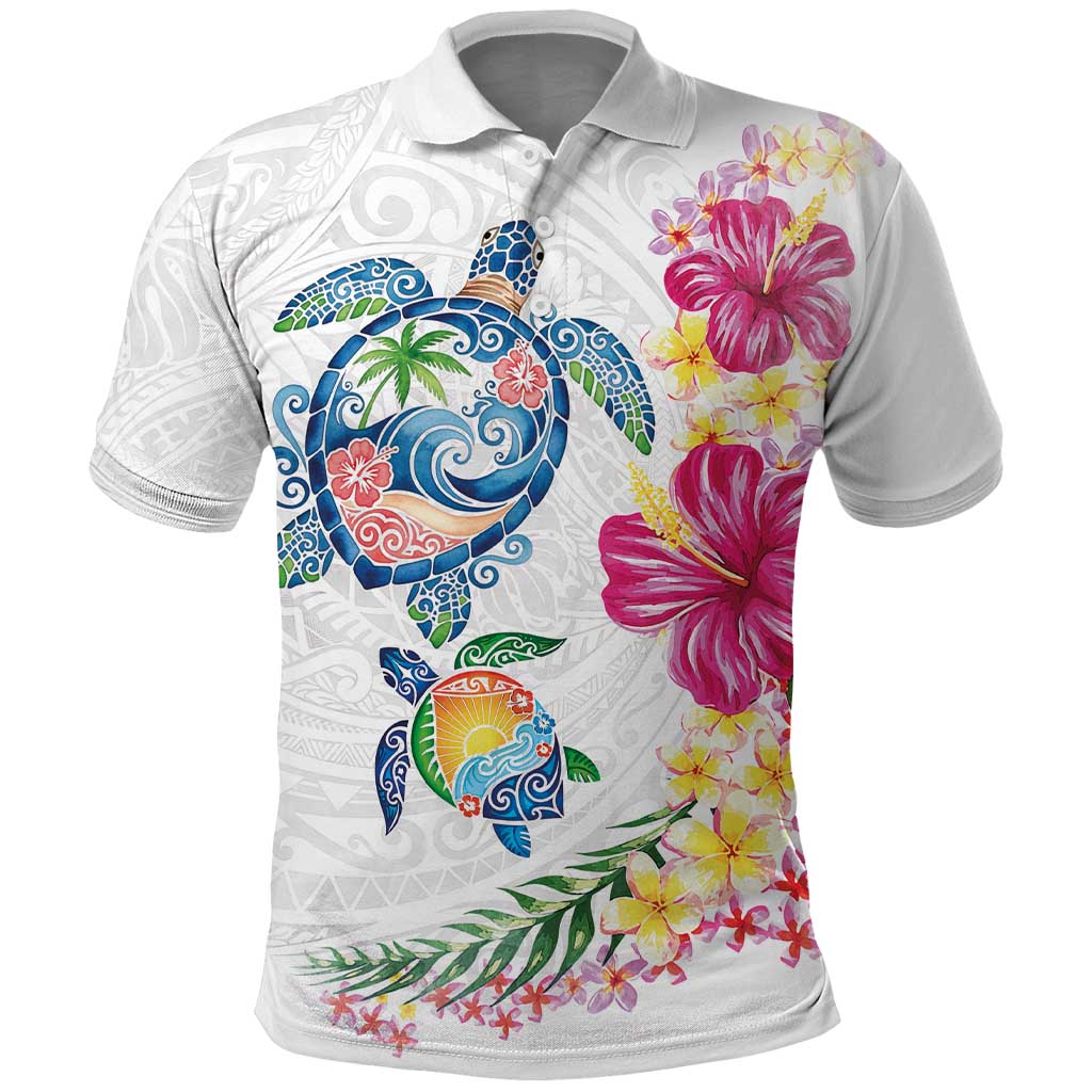 Hawaiian Abstract Art Turtles Polo Shirt with Plumeria and Hibiscus - Polynesian Pride