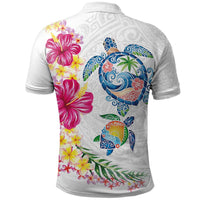 Hawaiian Abstract Art Turtles Polo Shirt with Plumeria and Hibiscus - Polynesian Pride