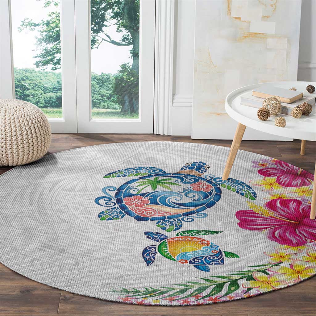 Hawaiian Abstract Art Turtles Round Carpet with Plumeria and Hibiscus - Polynesian Pride