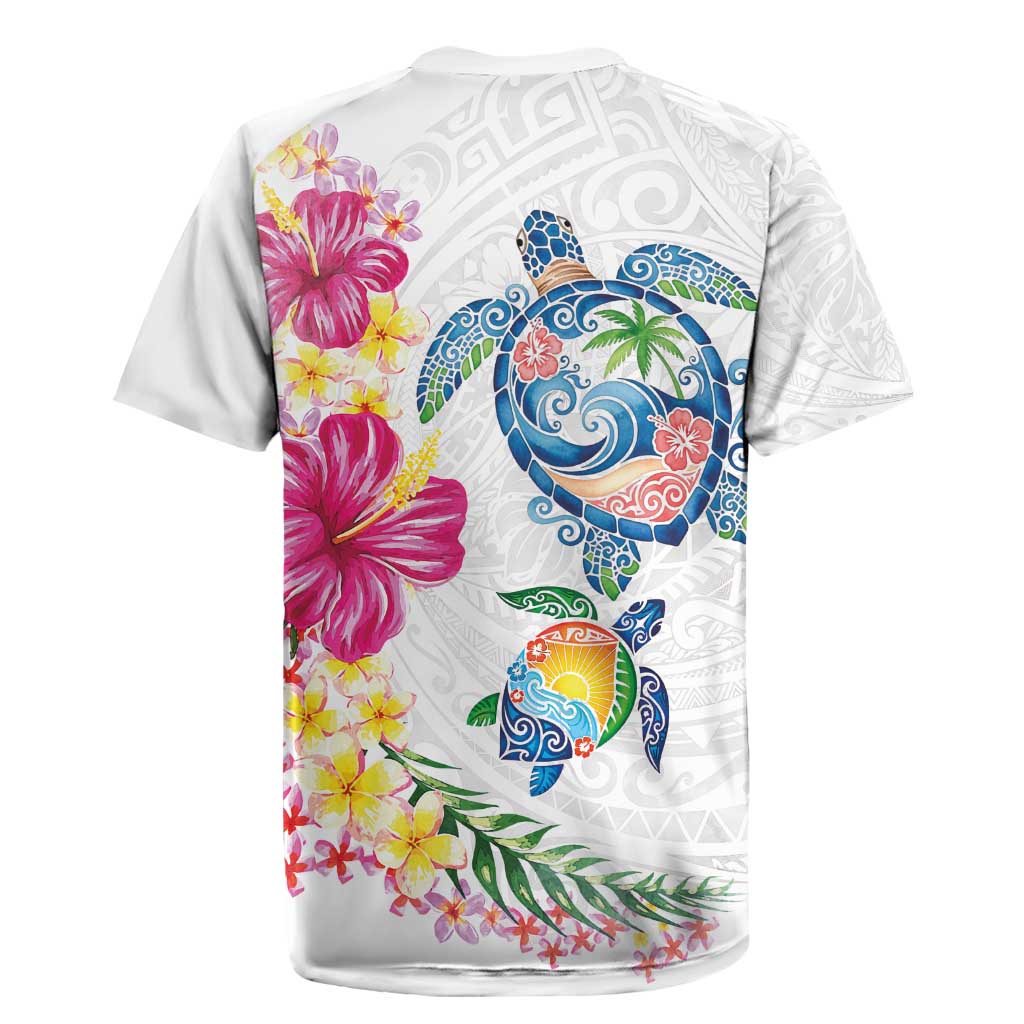 Hawaiian Abstract Art Turtles Rugby Jersey with Plumeria and Hibiscus - Polynesian Pride