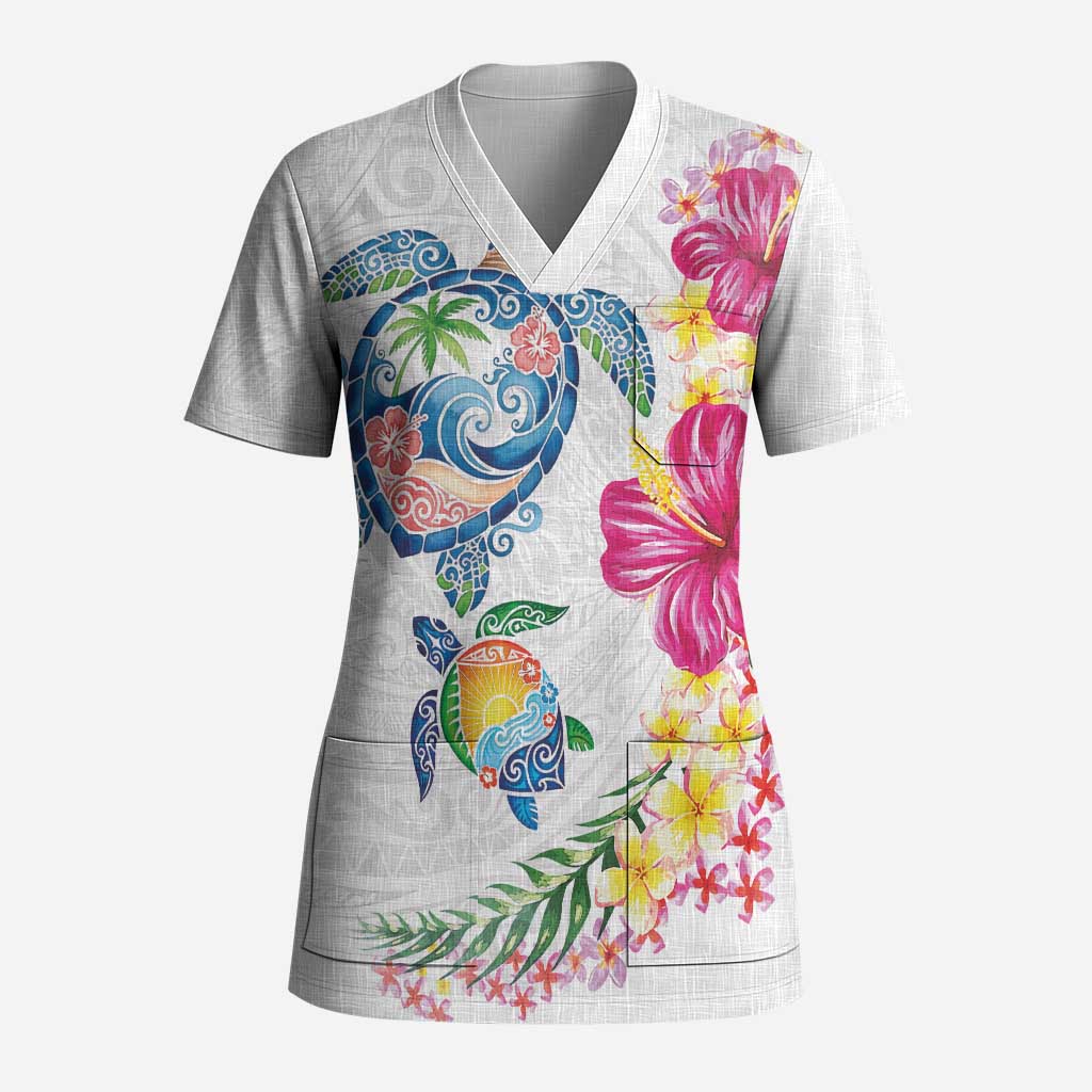 Hawaiian Abstract Art Turtles Scrub Top with Plumeria and Hibiscus - Polynesian Pride