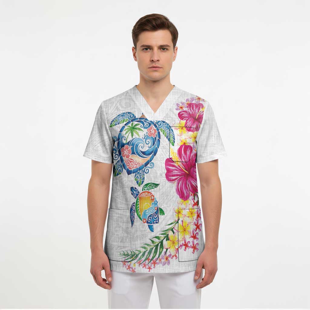 Hawaiian Abstract Art Turtles Scrub Top with Plumeria and Hibiscus - Polynesian Pride