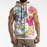 Hawaiian Abstract Art Turtles Sleeveless Zip Hoodie with Plumeria and Hibiscus - Polynesian Pride