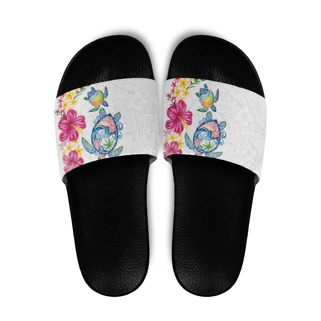 Hawaiian Abstract Art Turtles Slide Sandals with Plumeria and Hibiscus - Polynesian Pride