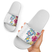 Hawaiian Abstract Art Turtles Slide Sandals with Plumeria and Hibiscus - Polynesian Pride